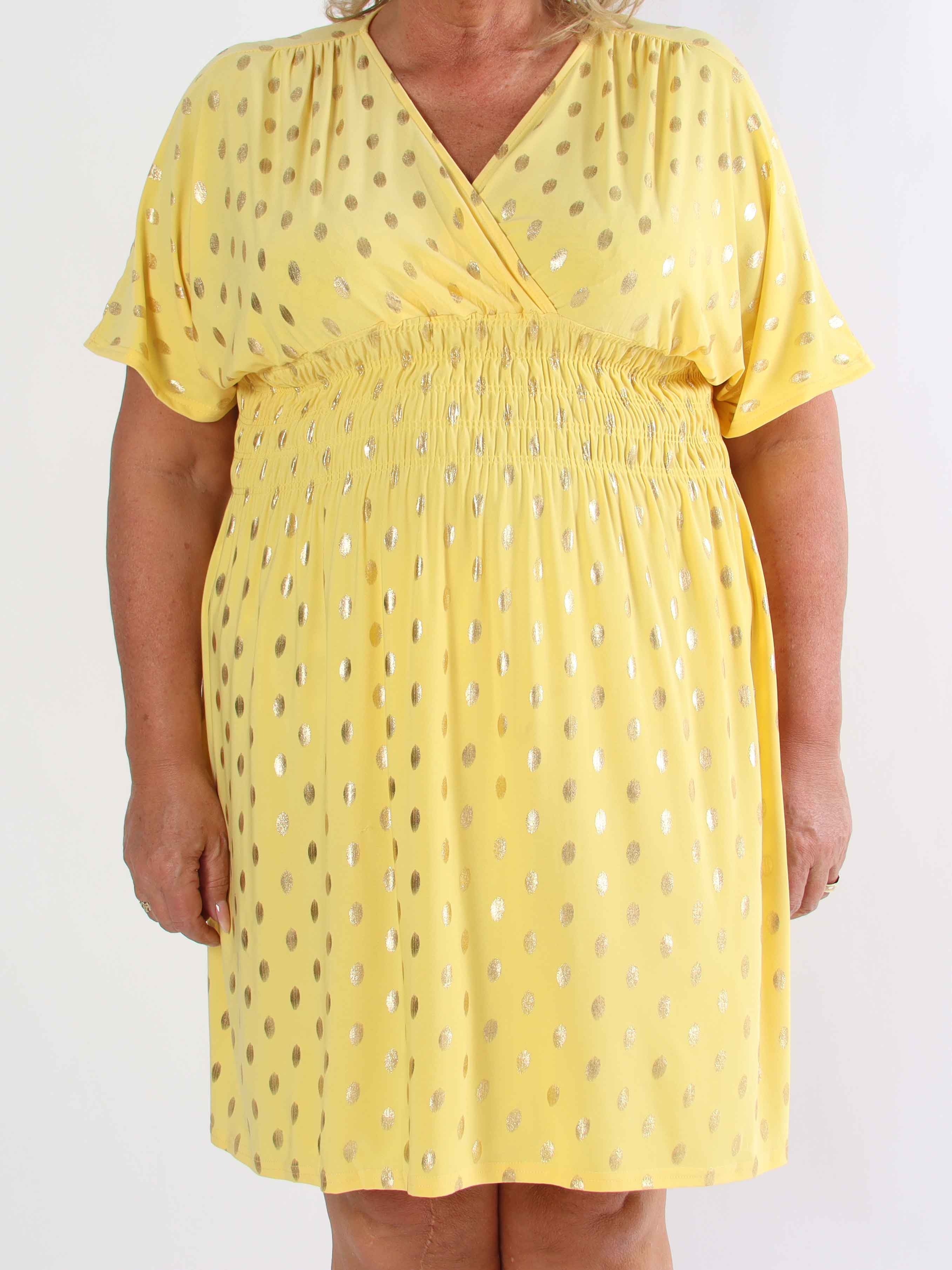 Pams Dot Short - Plus size elastisk kjole med guld prikker